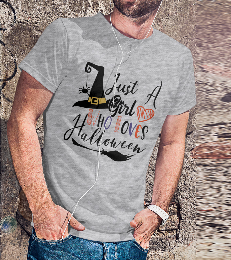 Just A Girl Who Loves Halloween Witch Hat And Broom With Spider And Heart T-Shirt