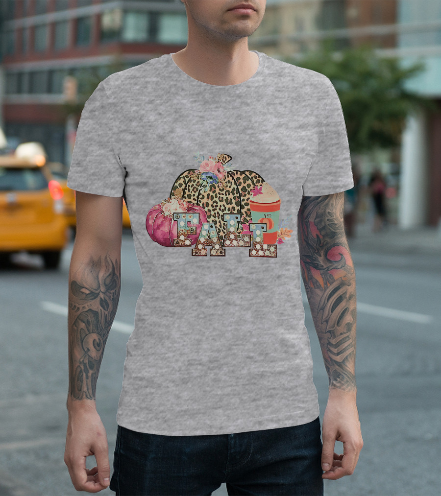 FALL Leopard Print Pumpkin with Coffee Latte and Flowers T-Shirt