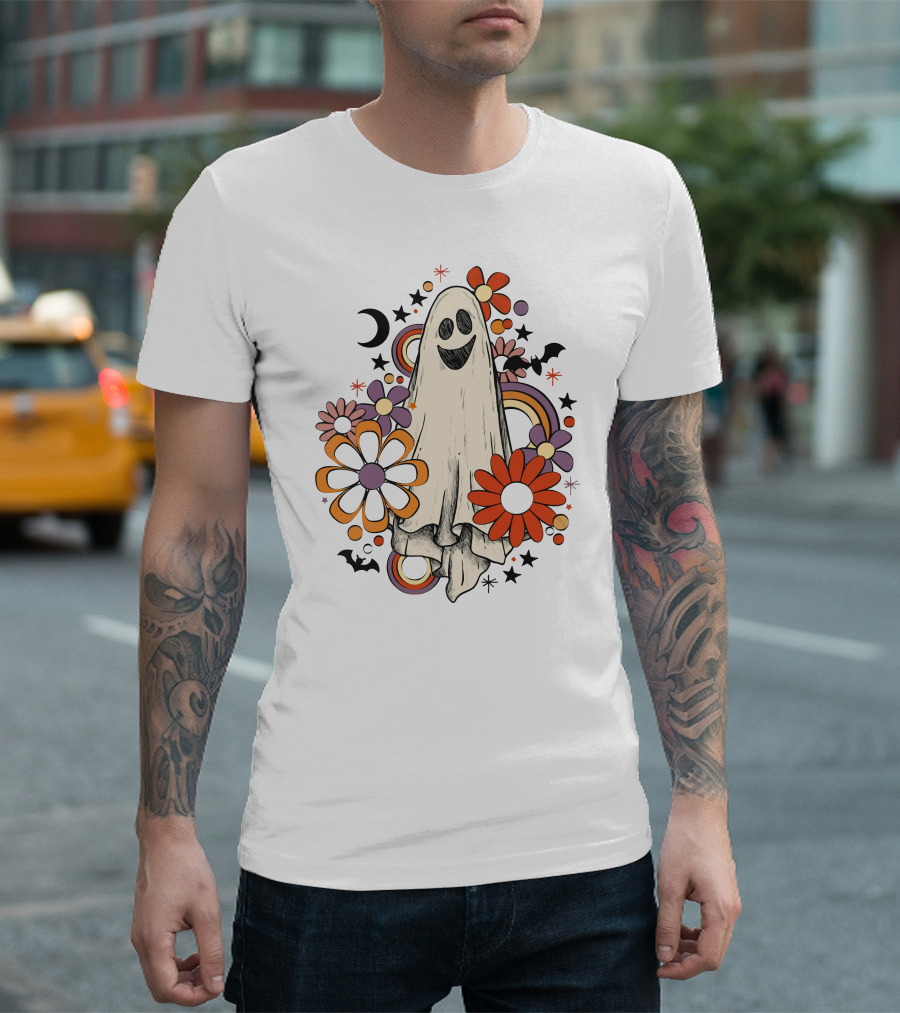 Retro Halloween Ghost with Flowers and Bats T-Shirt