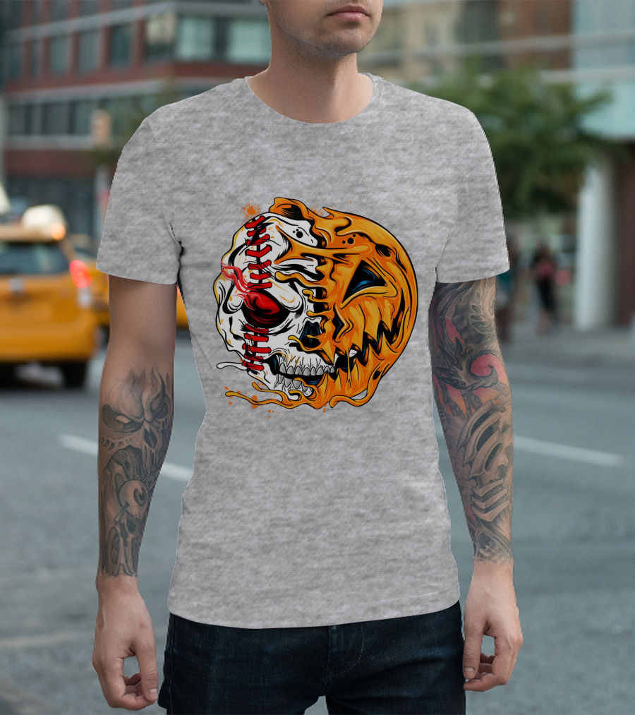Baseball Pumpkin Skull Halloween Fusion T-Shirt