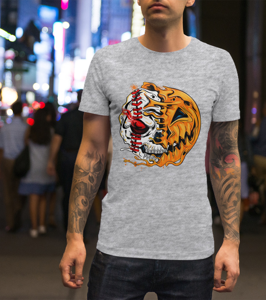 Baseball Pumpkin Skull Halloween Fusion T-Shirt
