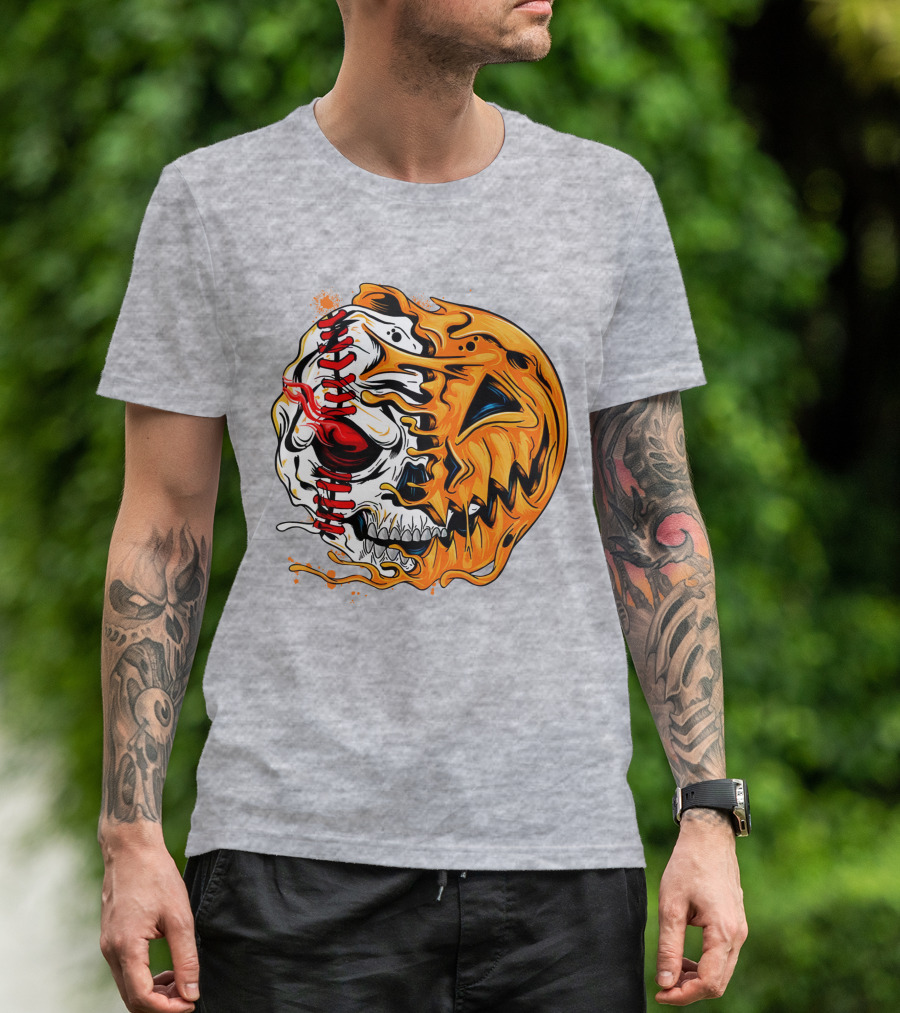 Baseball Pumpkin Skull Halloween Fusion T-Shirt