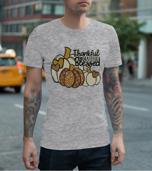 Thankful Grateful Blessed Leopard Pumpkin Thanksgiving T-Shirt