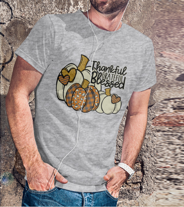 Thankful Grateful Blessed Leopard Pumpkin Thanksgiving T-Shirt