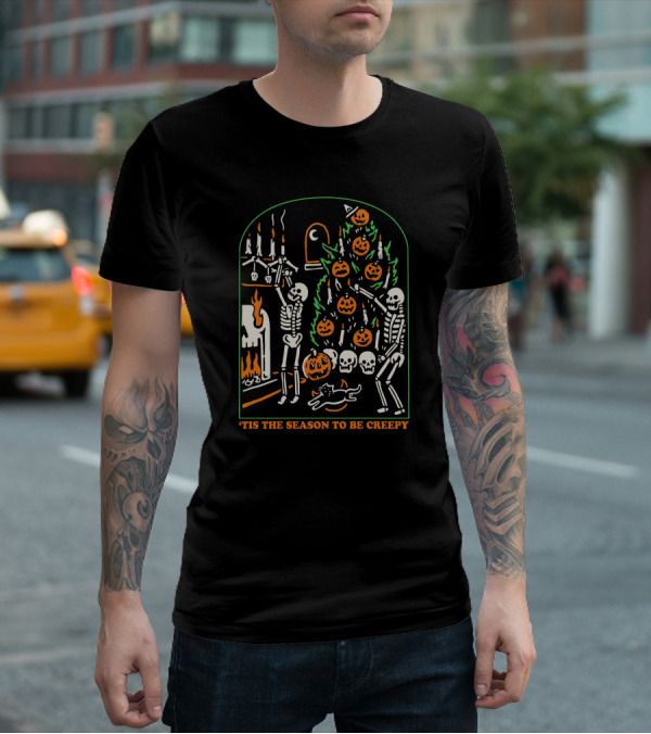 'Tis The Season To Be Creepy Skeletons By The Halloween Fireplace With Skull And Pumpkin Tree T-Shirt