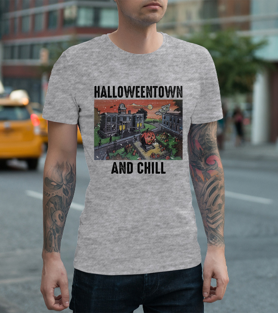 Halloweentown And Chill Spooky Town Scene With Lit Pumpkin Statue T-Shirt