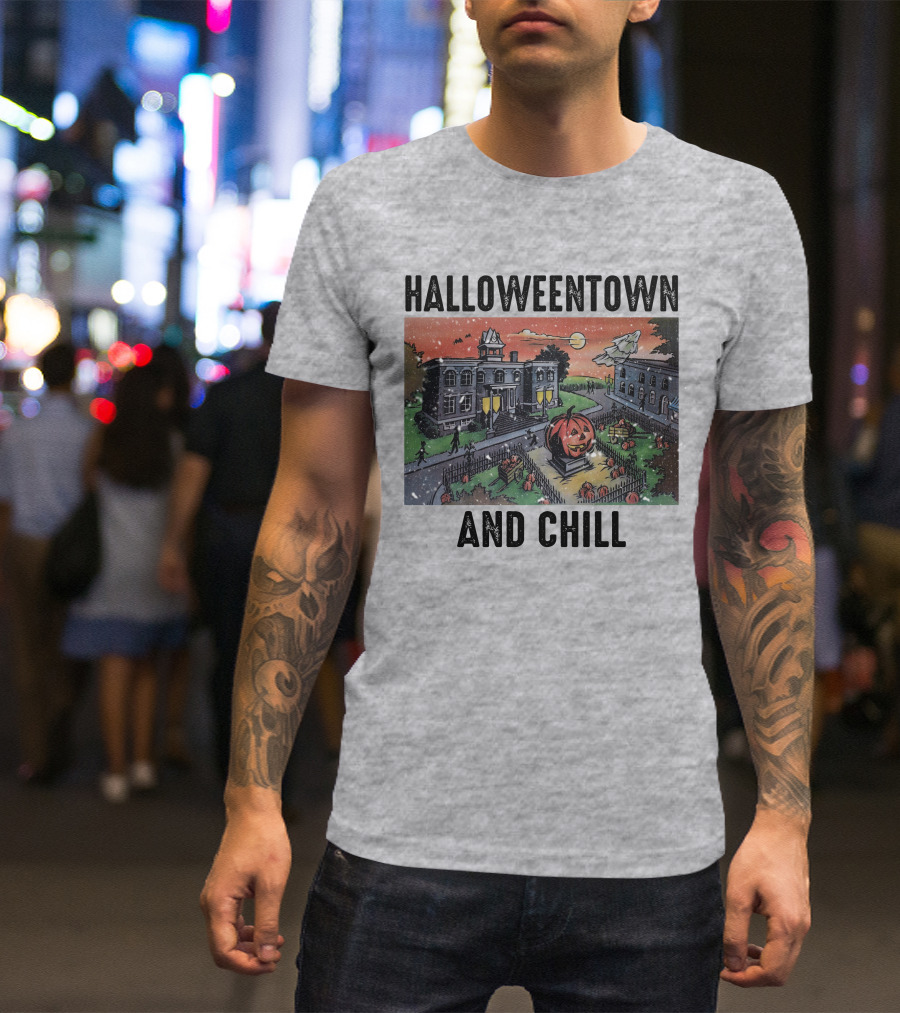 Halloweentown And Chill Spooky Town Scene With Lit Pumpkin Statue T-Shirt