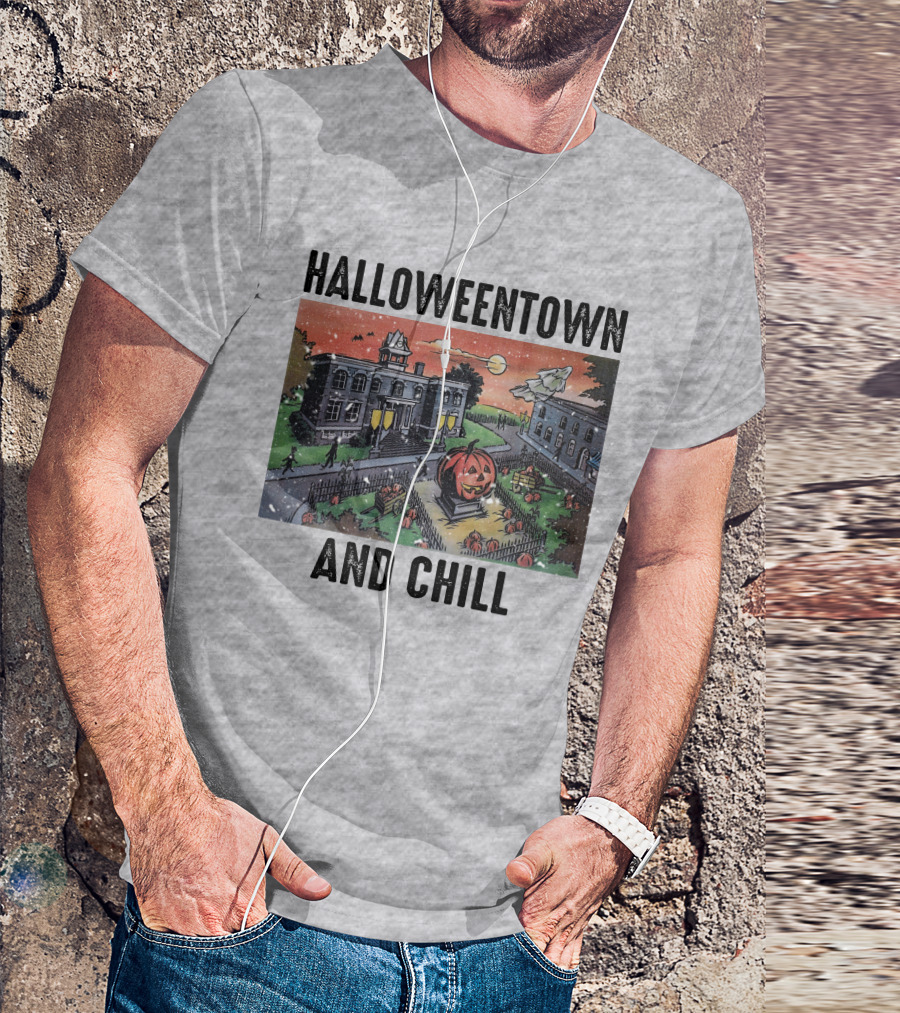 Halloweentown And Chill Spooky Town Scene With Lit Pumpkin Statue T-Shirt