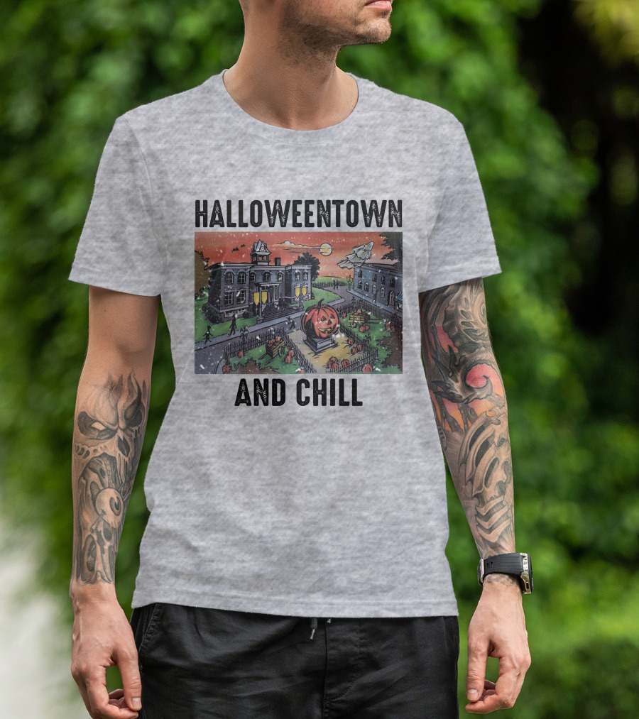 Halloweentown And Chill Spooky Town Scene With Lit Pumpkin Statue T-Shirt