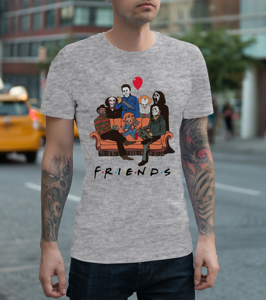 Famous Horror Movie Killers Characters Friends Sitting on Couch with Red Balloon T-Shirt