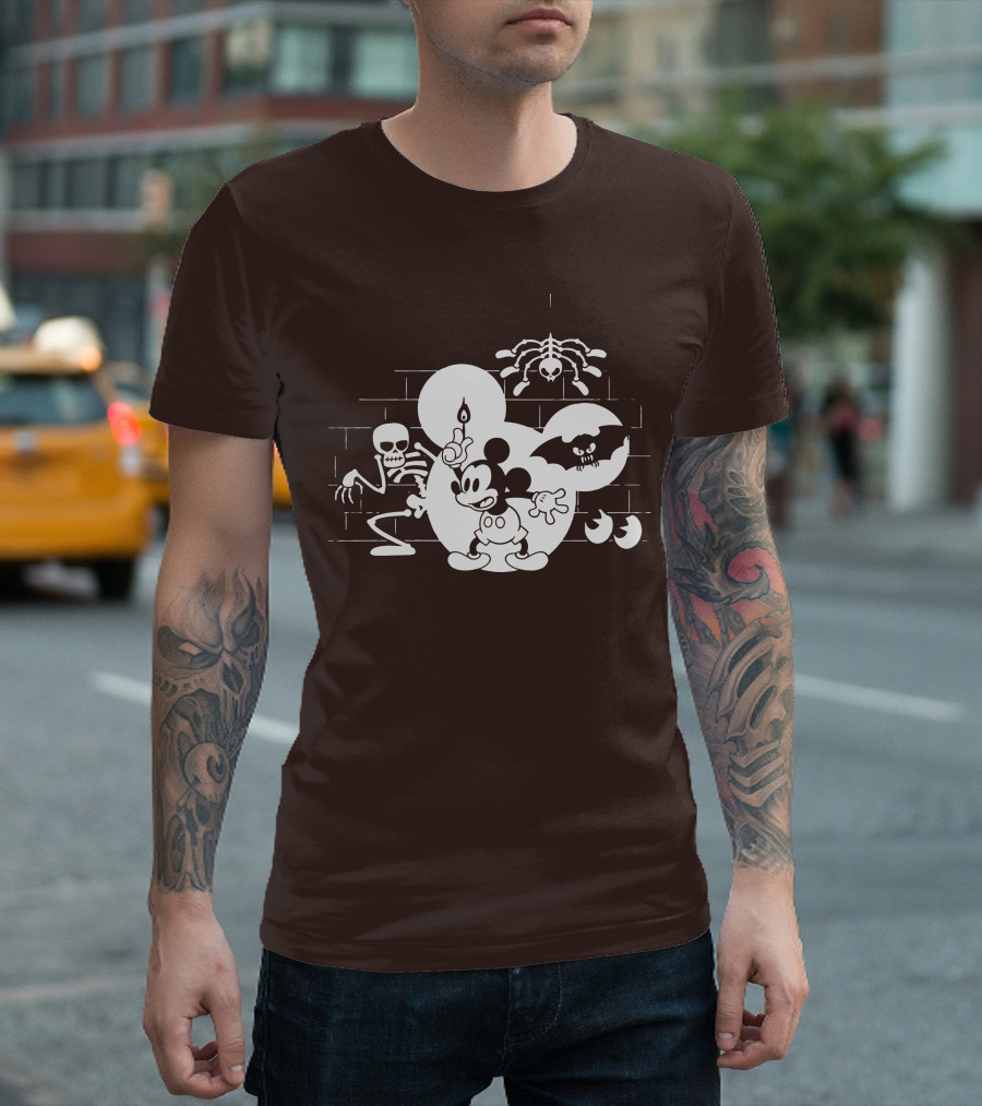 Mickey Mouse Haunted Halloween Mansion With Skeleton And Bat T-Shirt