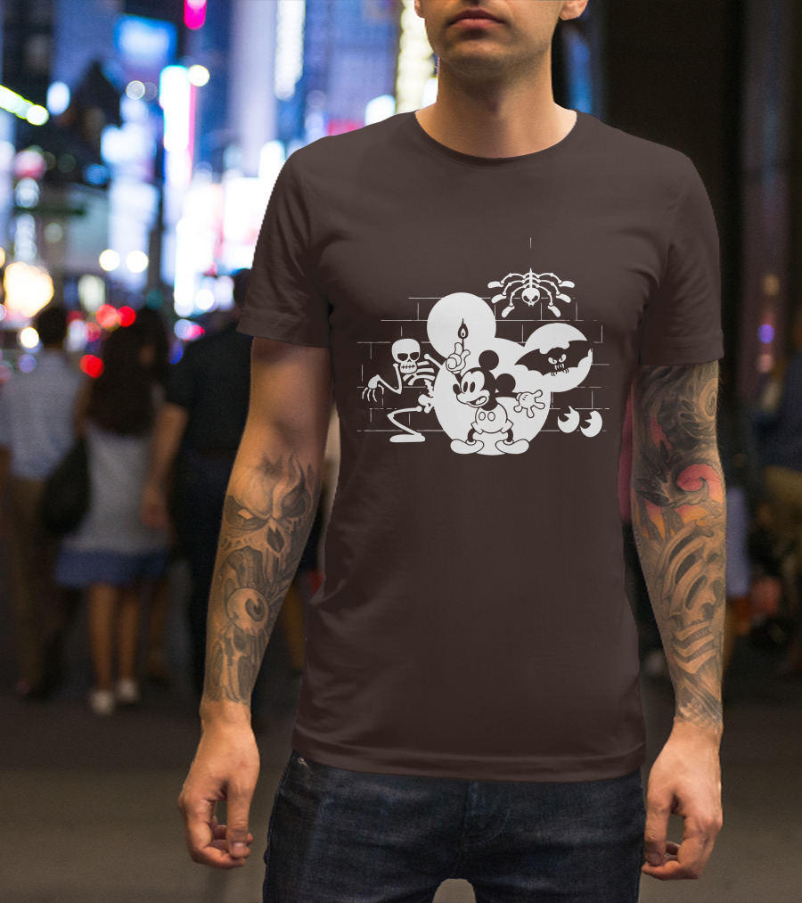 Mickey Mouse Haunted Halloween Mansion With Skeleton And Bat T-Shirt