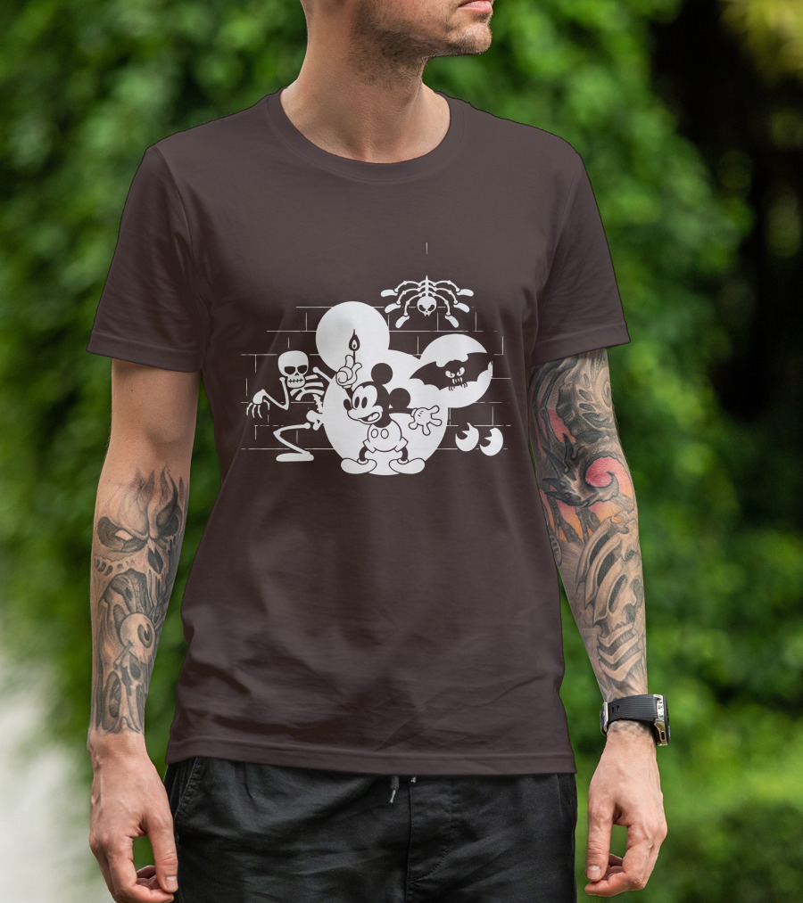 Mickey Mouse Haunted Halloween Mansion With Skeleton And Bat T-Shirt