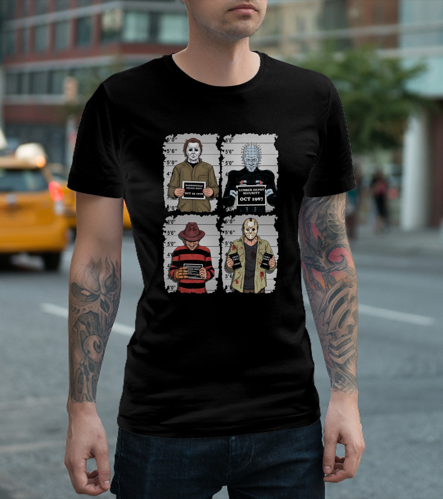 Horror Movie Characters Mugshot Haddonfield Lumber Depot Freddy Elm Street Lake Crystal T-Shirt