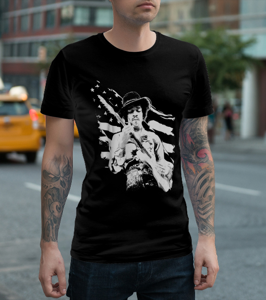 Jimi Hendrix Americana with Stars and Stripes Flag T-Shirt