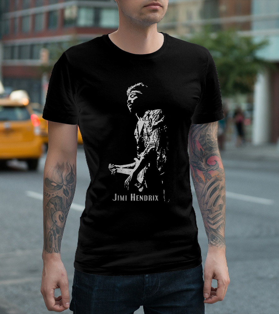 Jimi Hendrix Black and White Guitar T-Shirt