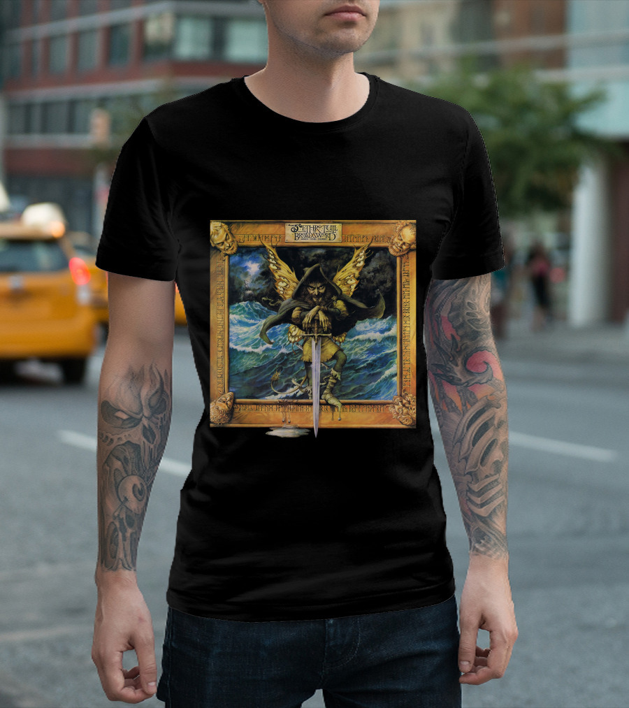 Jethro Tull Broadsword And The Beast Album Art with Hooded Figure and Ocean Waves T-Shirt