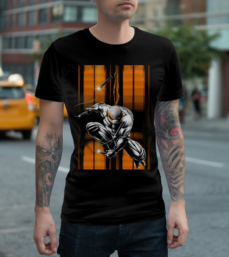 Michelangelo Ninja Turtle Nunchaku Action Orange Stripes T-Shirt