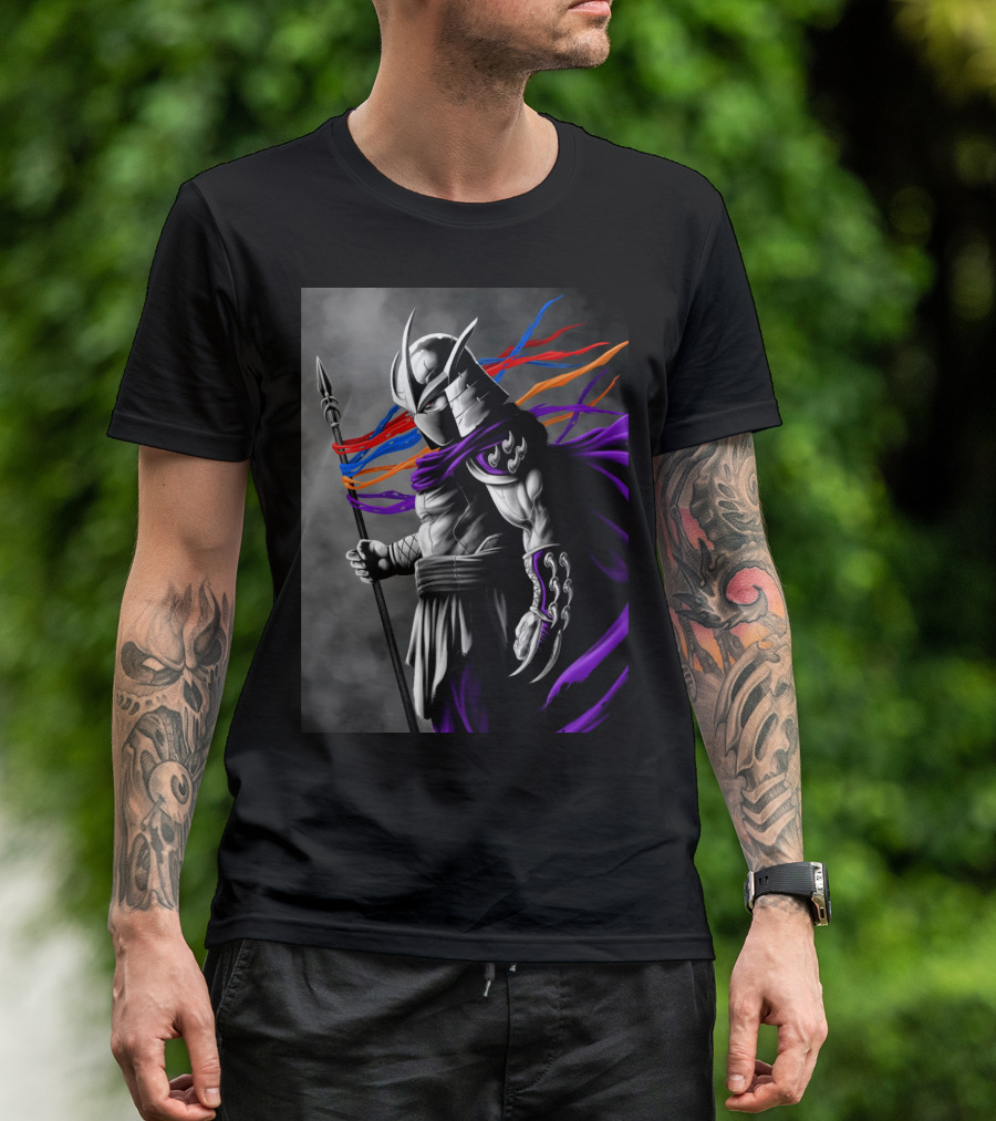 Shredder Villain With Spear And Flowing Cape In Colorful Ribbons T-Shirt