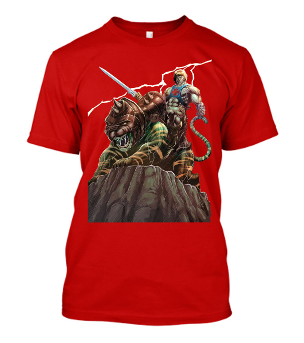 He-Man Masters Of The Universe Sword And Battle Cat On Rock With Lightning T-Shirt