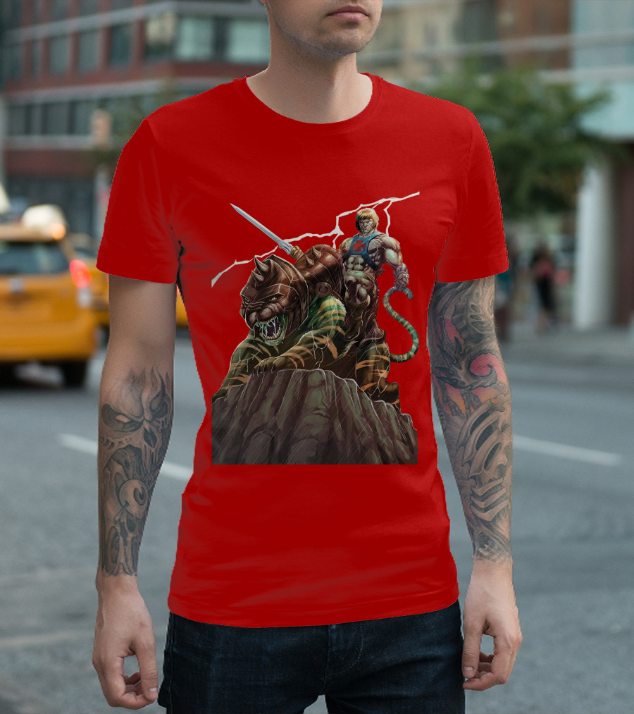 He-Man Masters of the Universe Sword and Battle Cat on Rock with Lightning T-Shirt