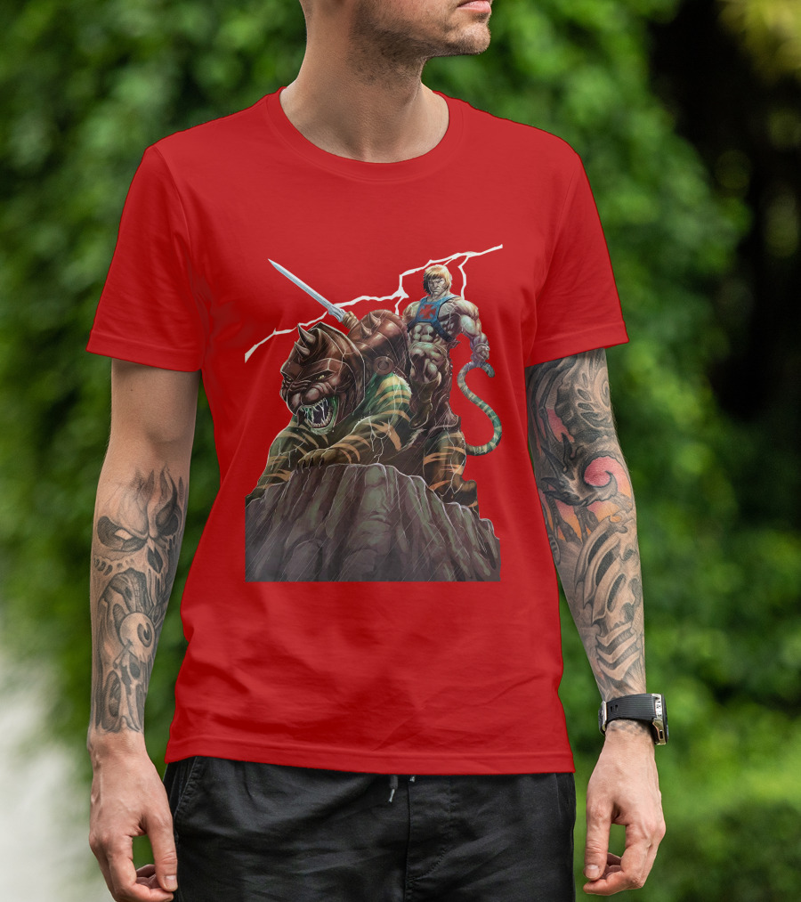 He-Man Masters Of The Universe Sword And Battle Cat On Rock With Lightning T-Shirt