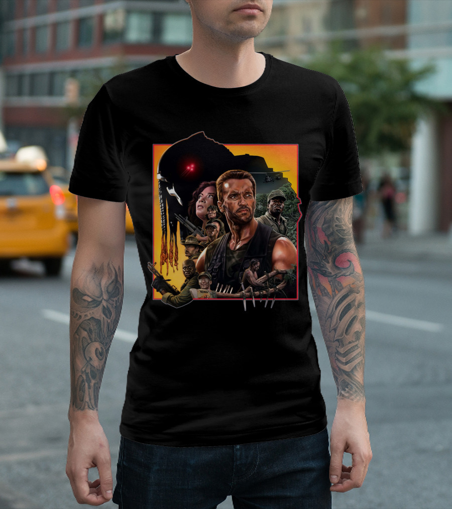 Predator Movie Characters and Jungle Battle Scene T-Shirt