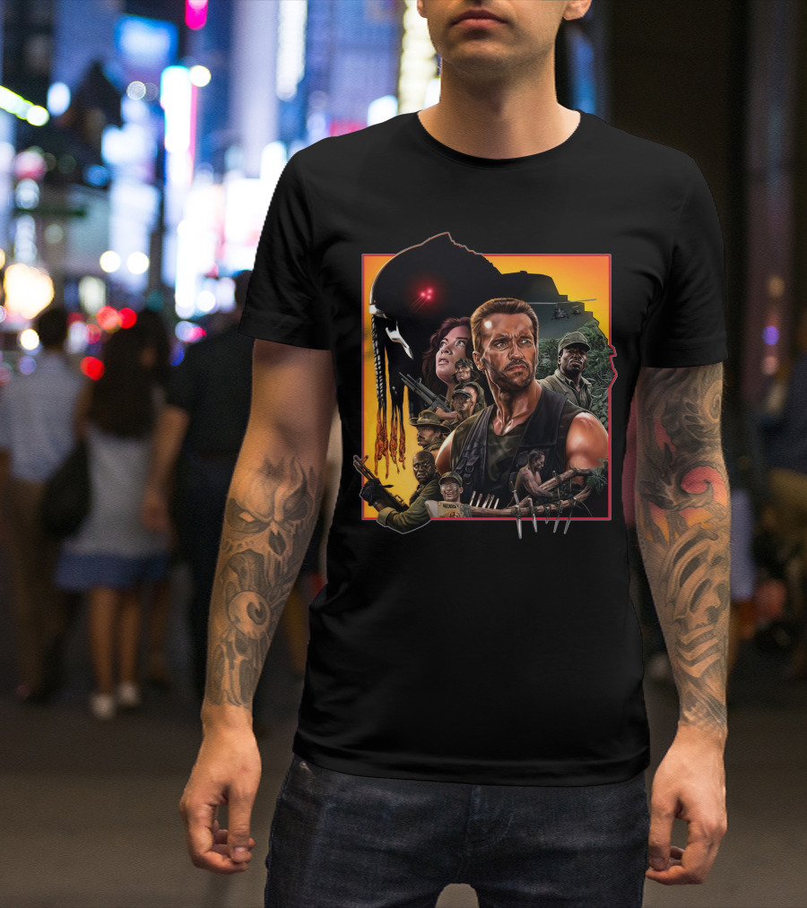Predator Movie Characters And Jungle Battle Scene T-Shirt