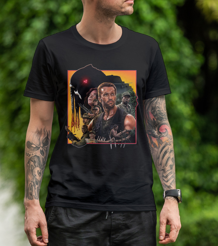 Predator Movie Characters And Jungle Battle Scene T-Shirt