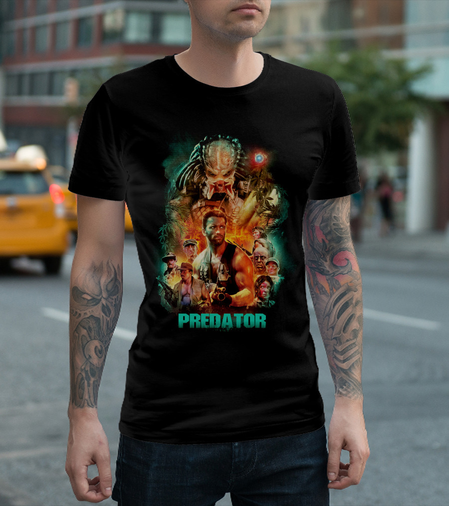 Predator Movie Collage Featuring Iconic Characters and Alien Hunter T-Shirt