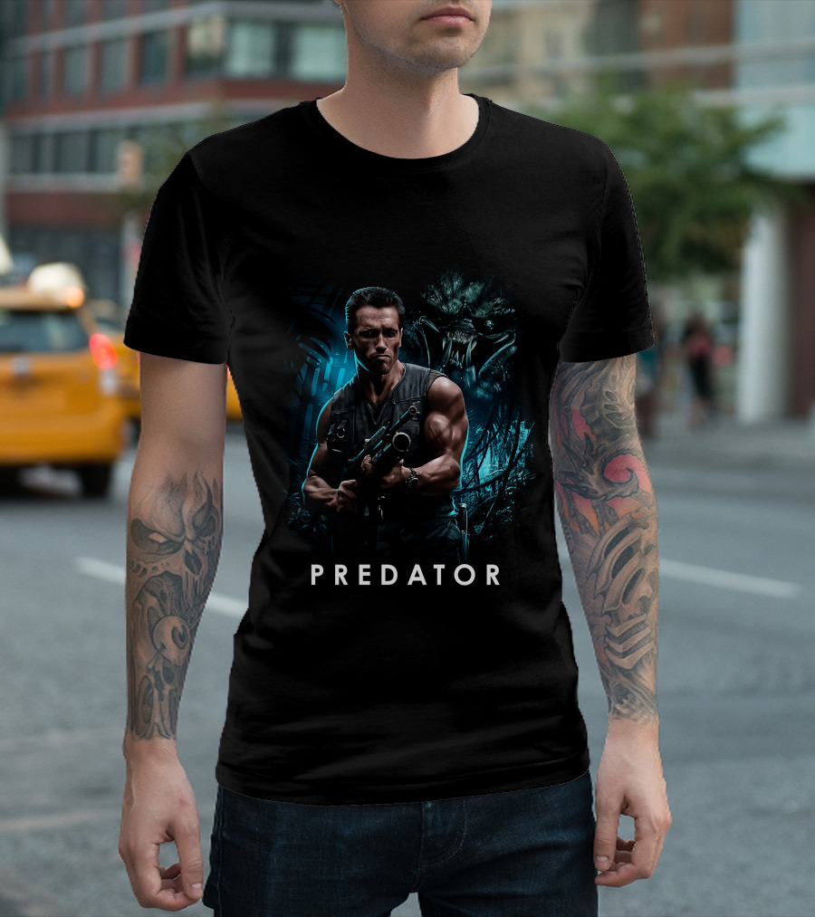 PREDATOR Arnold Schwarzenegger with Alien Hunter Background T-Shirt
