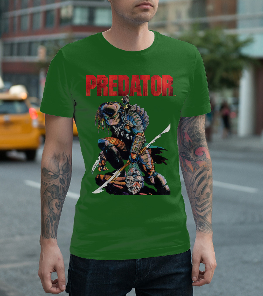 Predator Armored Warrior Kneeling With Blade And Skull Trophy T-Shirt