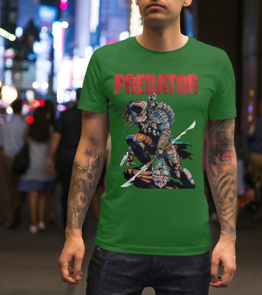 Predator Armored Warrior Kneeling With Blade And Skull Trophy T-Shirt