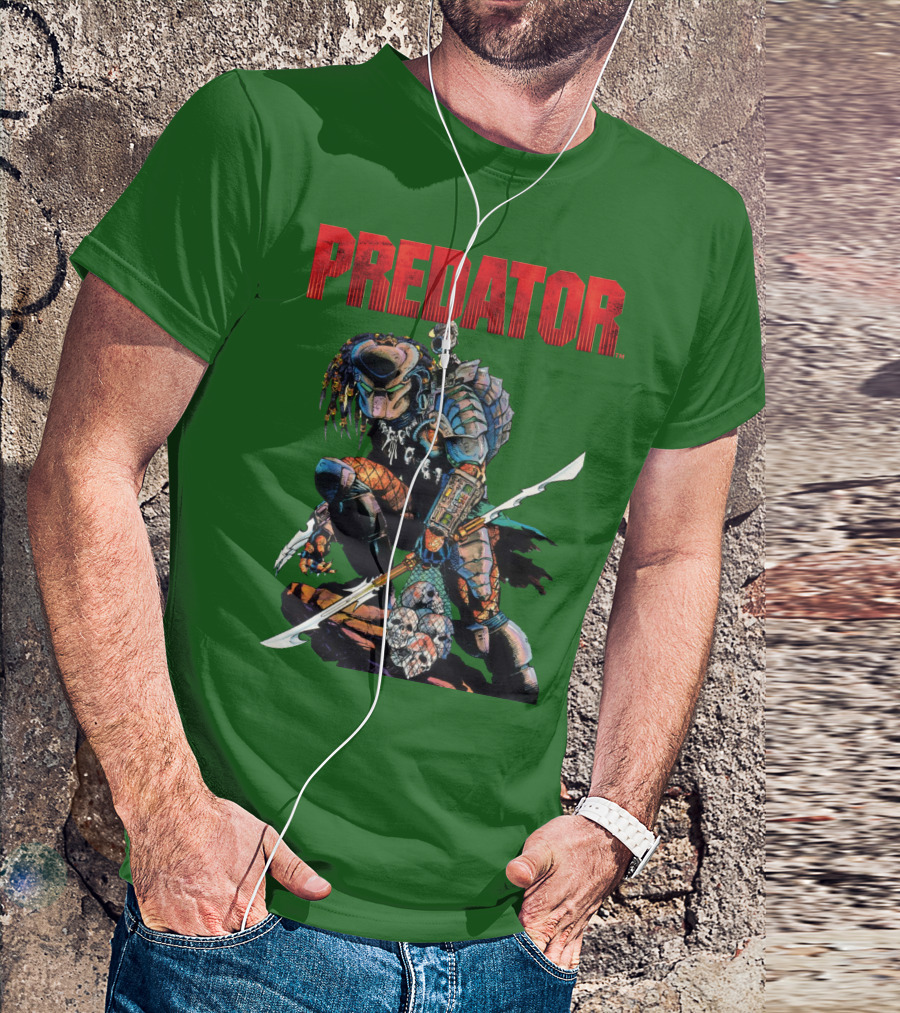 Predator Armored Warrior Kneeling With Blade And Skull Trophy T-Shirt