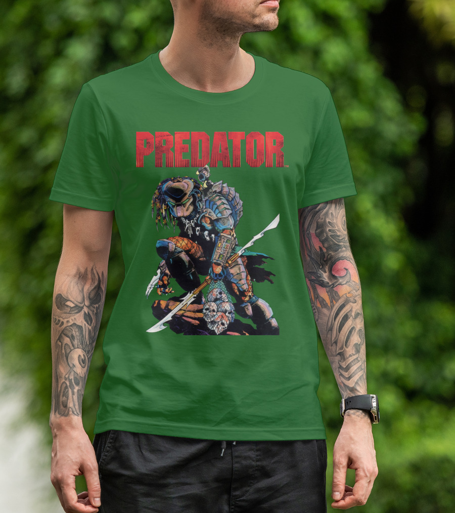 Predator Armored Warrior Kneeling With Blade And Skull Trophy T-Shirt