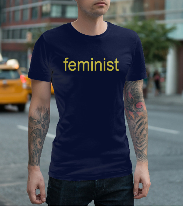 Feminist Yellow Text On Navy Blue T-Shirt