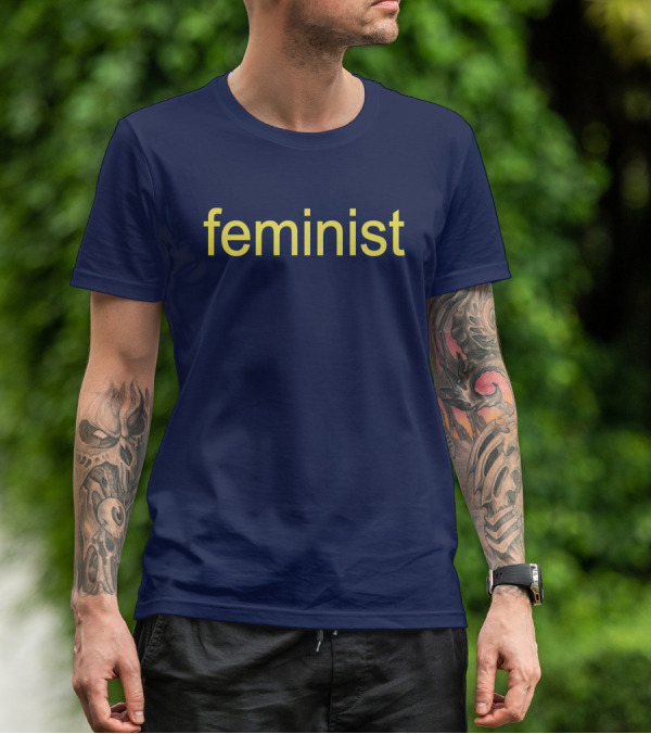 Feminist Yellow Text On Navy Blue T-Shirt