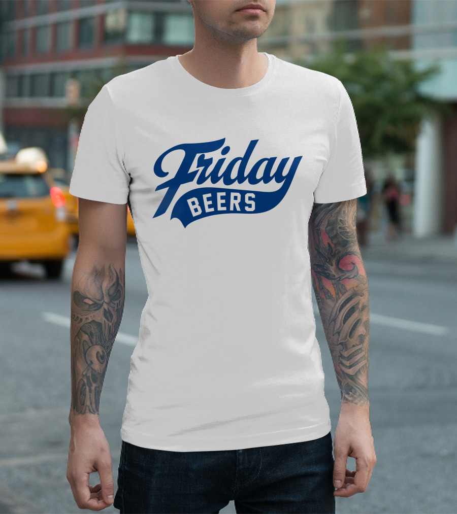 Friday Beers Signature White Logo Blue Text T-Shirt