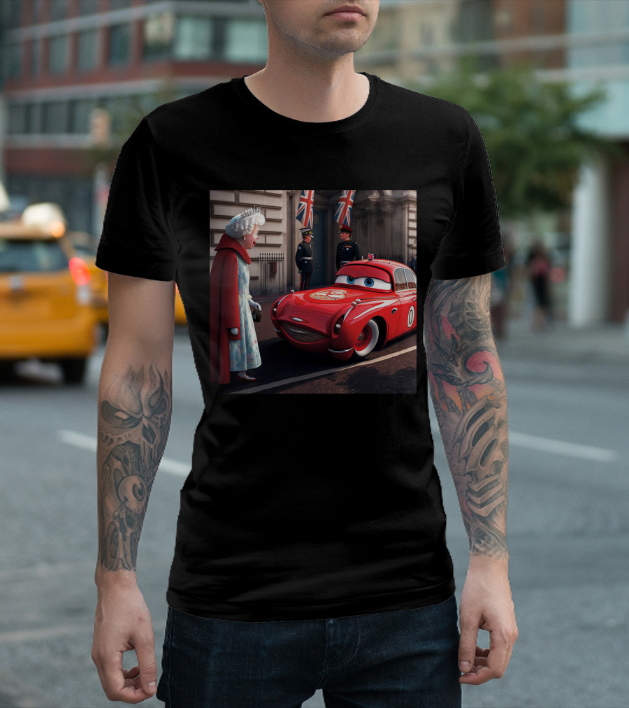 Lightning McQueen Meets Queen of England with British Guards and Flags T-Shirt