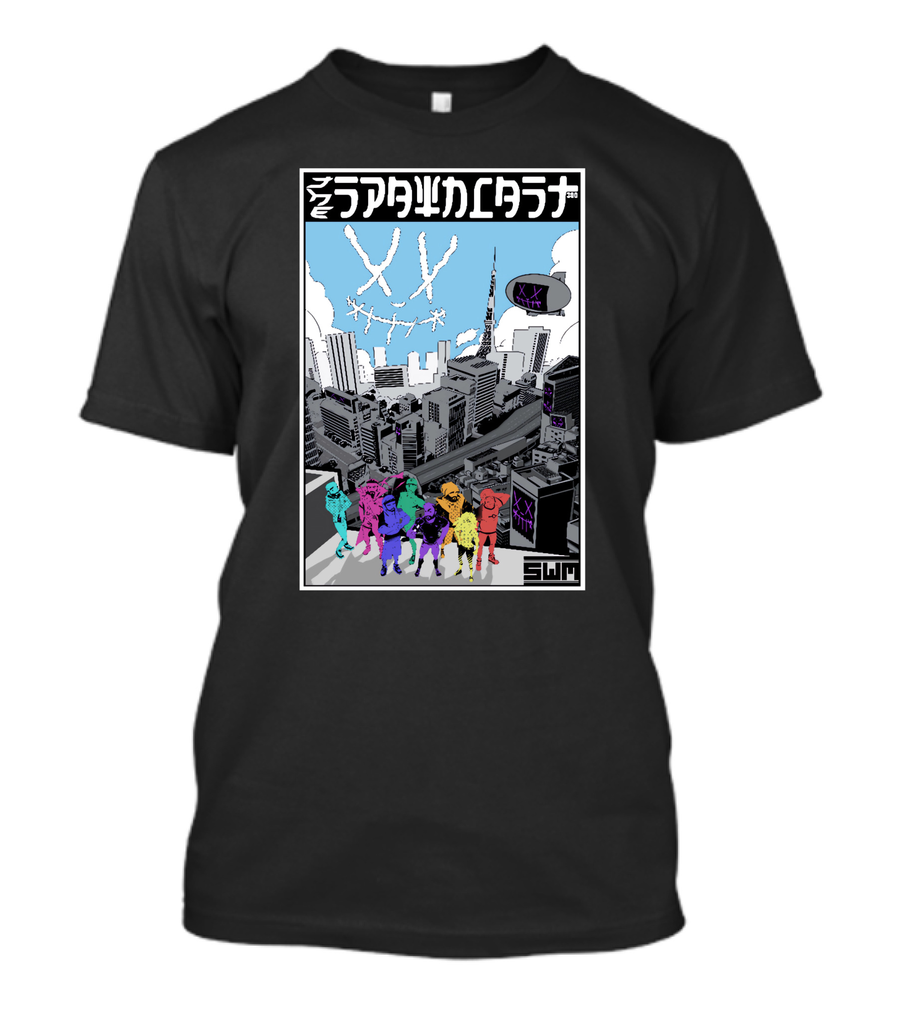 Spawncast Cyberpunk Cityscape With Masked Figures And Smiling Skyline Eyes T-Shirt