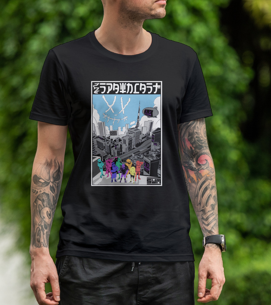 Spawncast Cyberpunk Cityscape With Masked Figures And Smiling Skyline Eyes T-Shirt