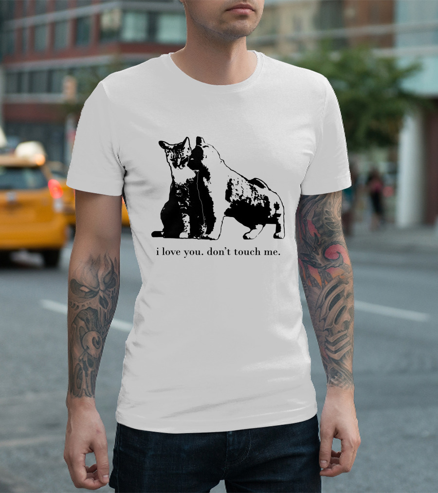 I Love You Don't Touch Me Cat Duo Black and White Contrast T-Shirt