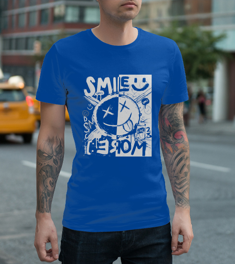 Smile More April Members Only Blue Grunge Style Smiley Face T-Shirt