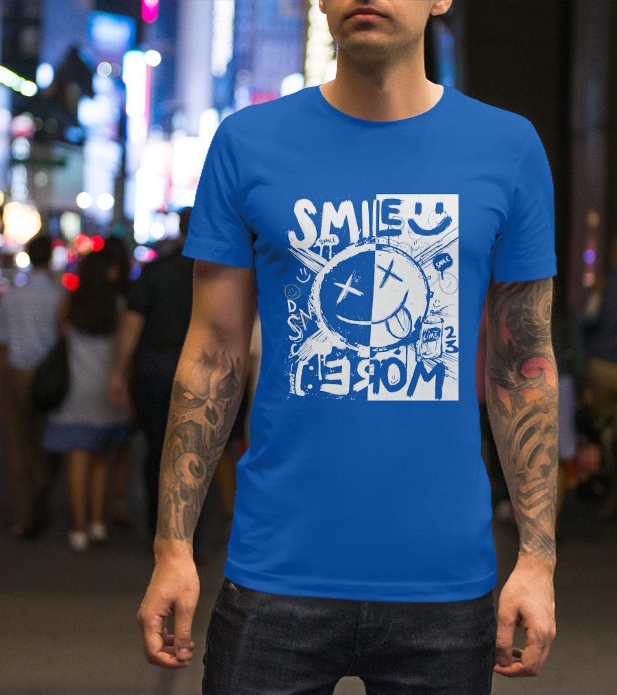 Smile More April Members Only Blue Grunge Style Smiley Face T-Shirt