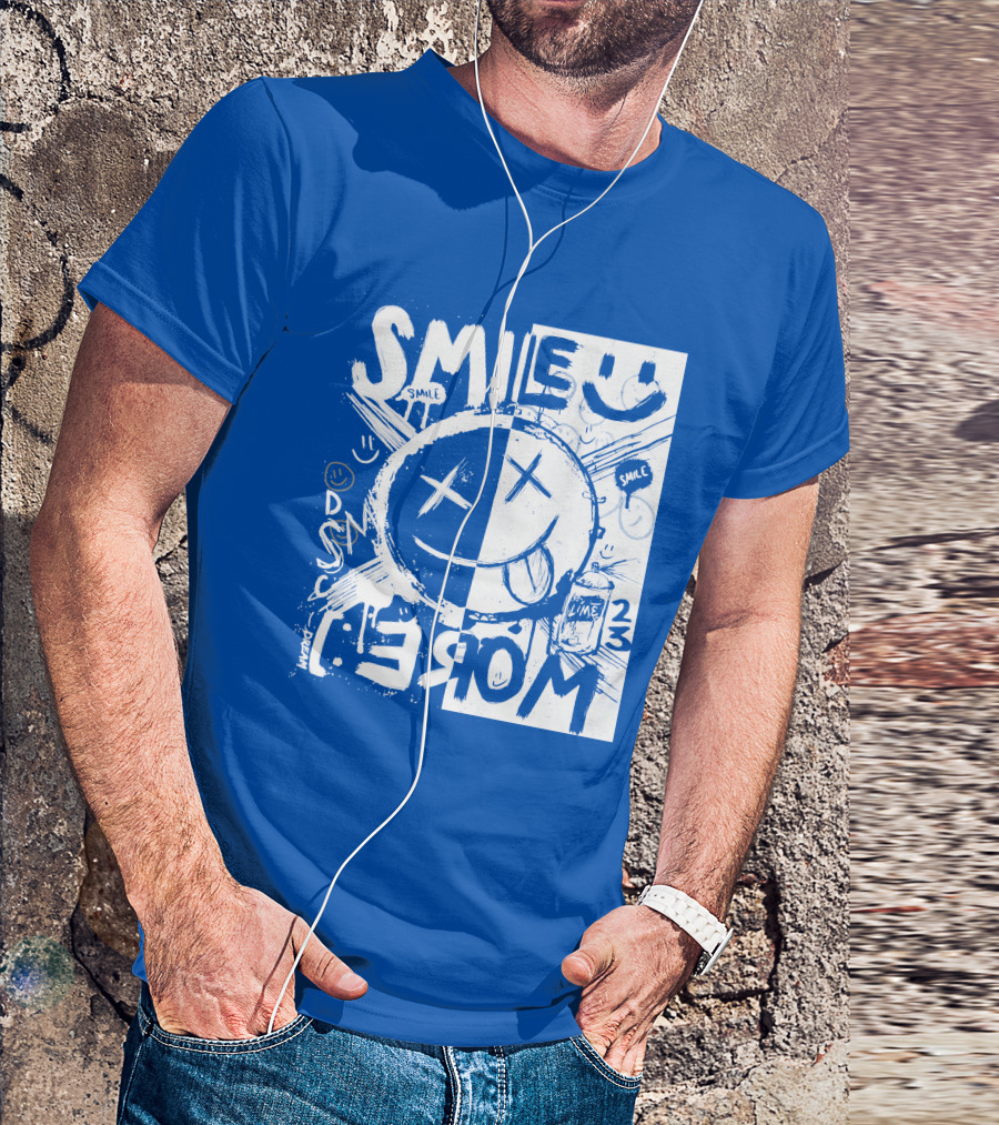 Smile More April Members Only Blue Grunge Style Smiley Face T-Shirt