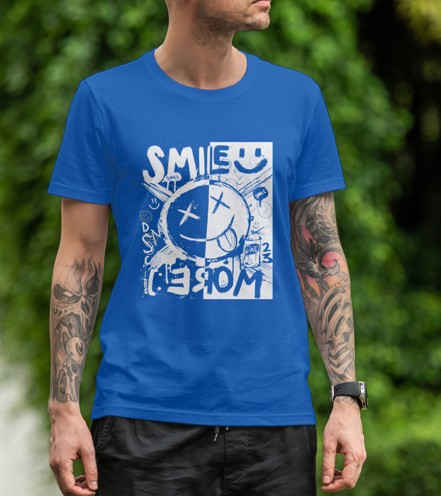 Smile More April Members Only Blue Grunge Style Smiley Face T-Shirt