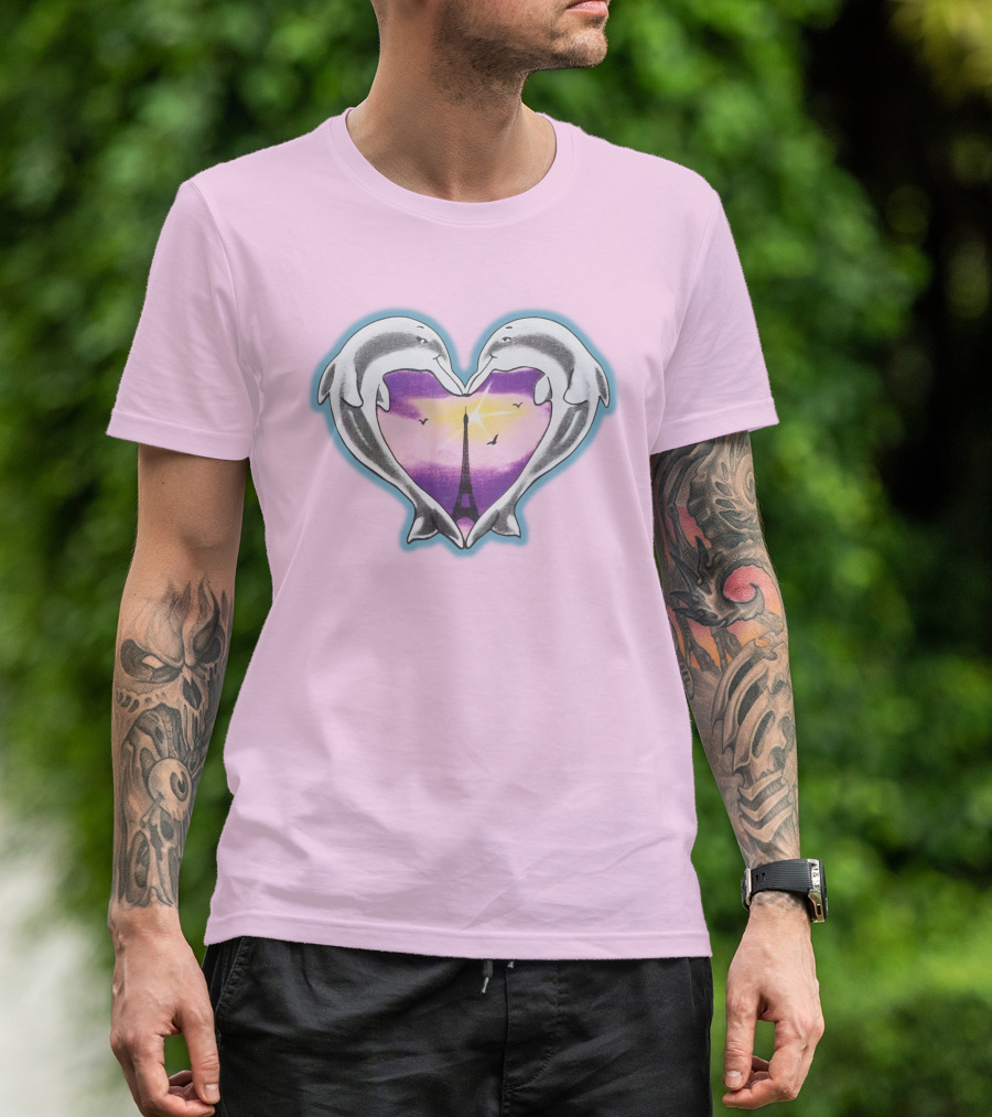 Dolphins Heart Eiffel Tower Sunset Paris Pink Background T-Shirt