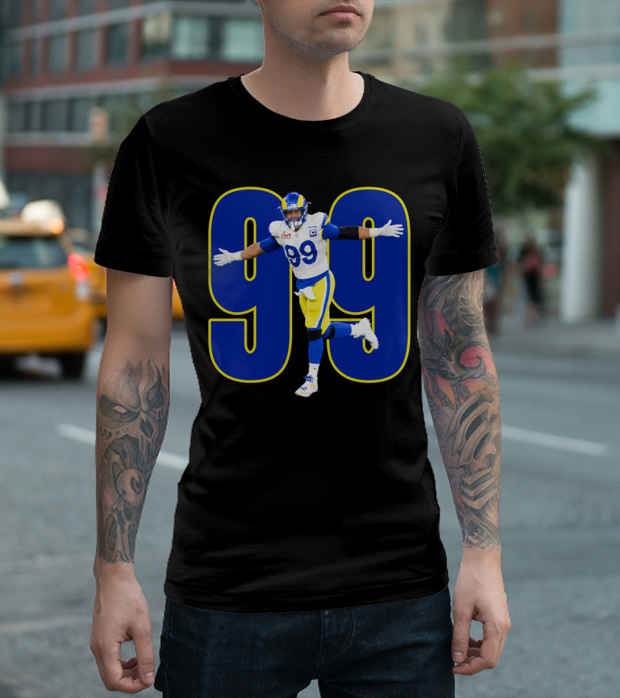 Aaron Charles Donald Number 99 NFL Player in Blue and Yellow Football Uniform T-Shirt