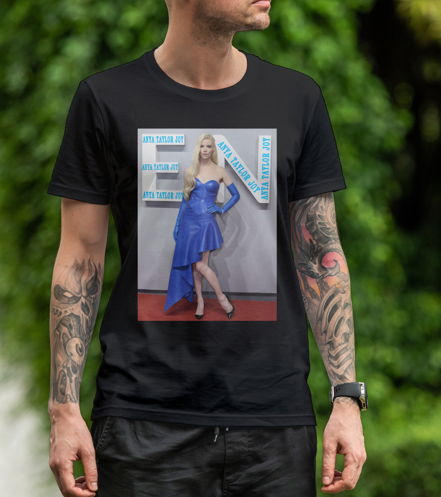 Anya Taylor Joy Blue Dress Ensemble With Long Gloves T-Shirt