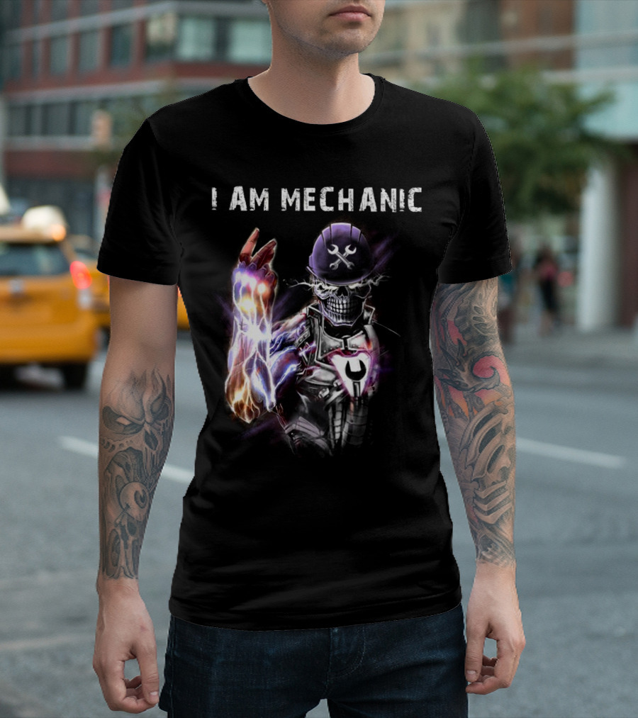 I AM MECHANIC Electric Skeleton with Wrench Helmet T-Shirt